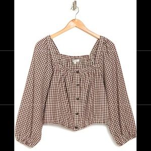 Madewell Square-Neck Puff-Sleeve Button-Front Top in Gingham Check